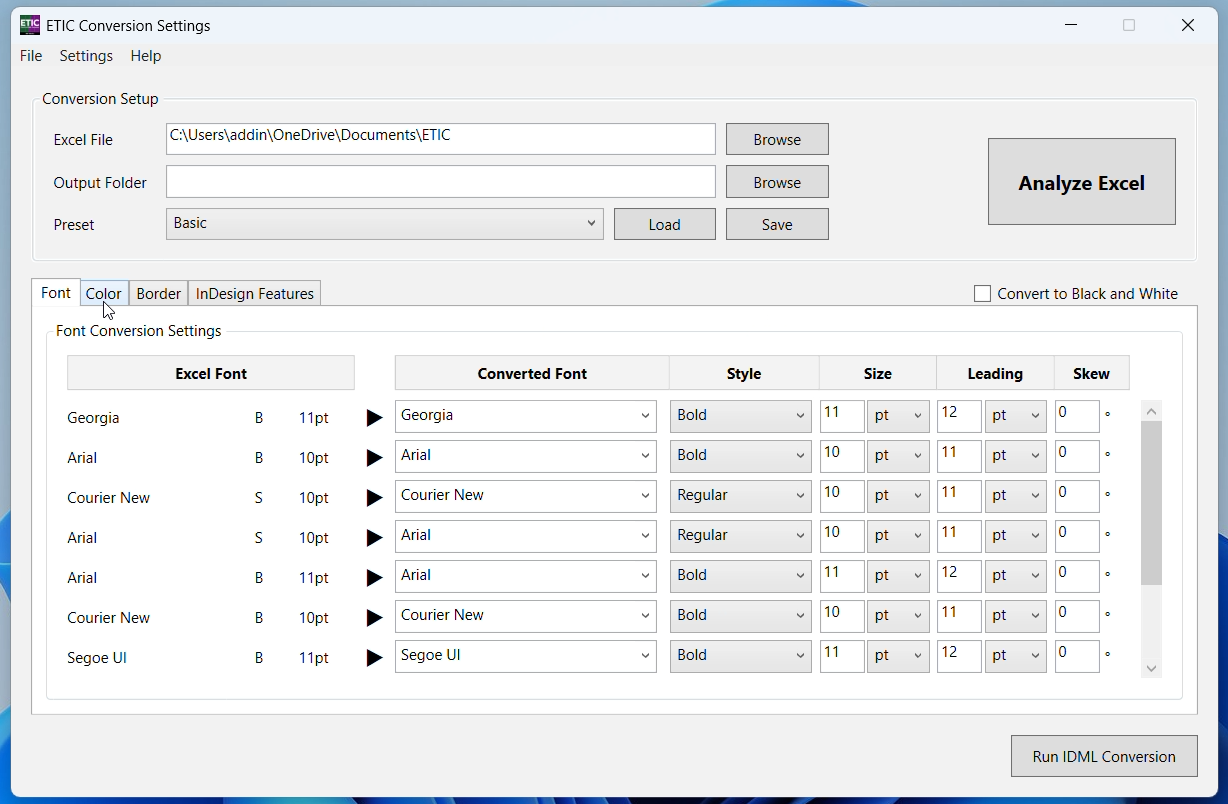 PLACEHOLDER: English ETIC main window after analyzing the same Excel table, with the analysis result and formatting controls visible.