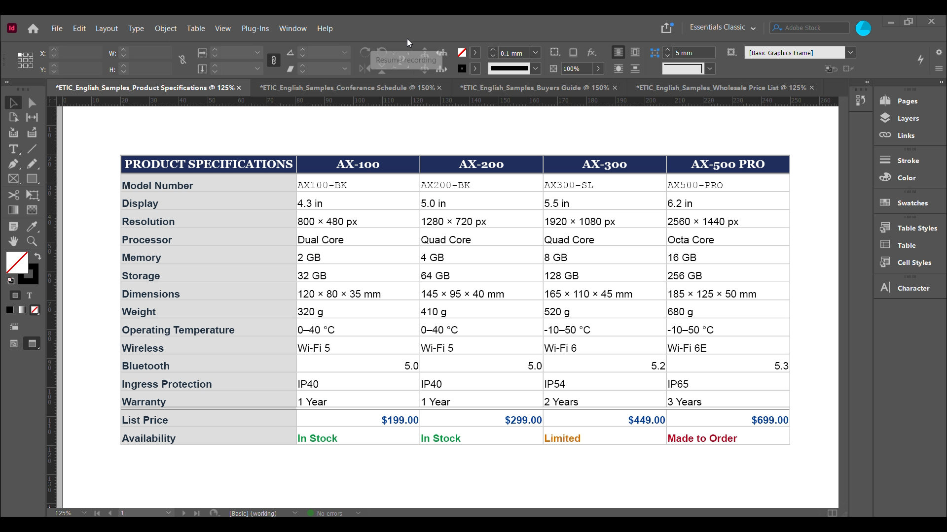 PLACEHOLDER: English Adobe InDesign screenshot showing the ETIC-generated IDML table selected and editable on the page.