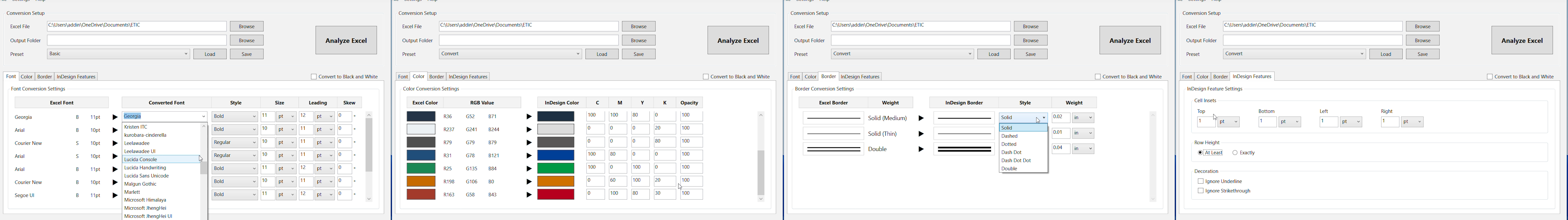 PLACEHOLDER: Collage of English ETIC screenshots showing the Font, Color, Border and text/orientation settings tabs, plus close-ups of matching InDesign output.