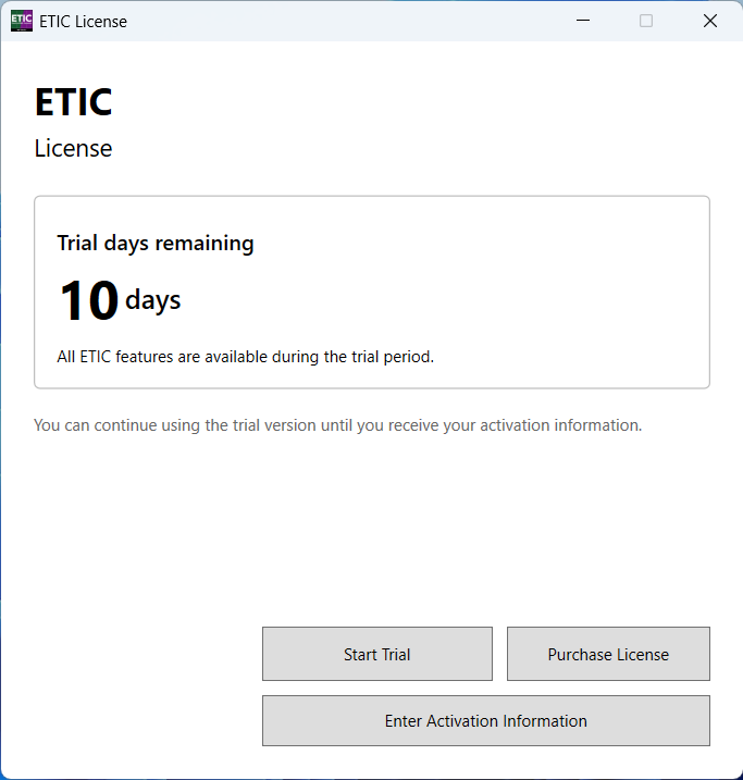 PLACEHOLDER: English ETIC startup or license screen showing the 10-day trial option and the main application ready to use.