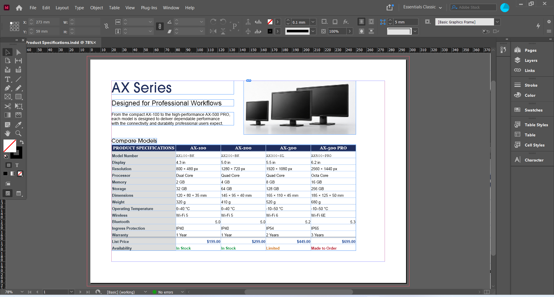 PLACEHOLDER: Professional InDesign document spread containing several data-heavy tables, such as an annual report, catalog or technical publication.
