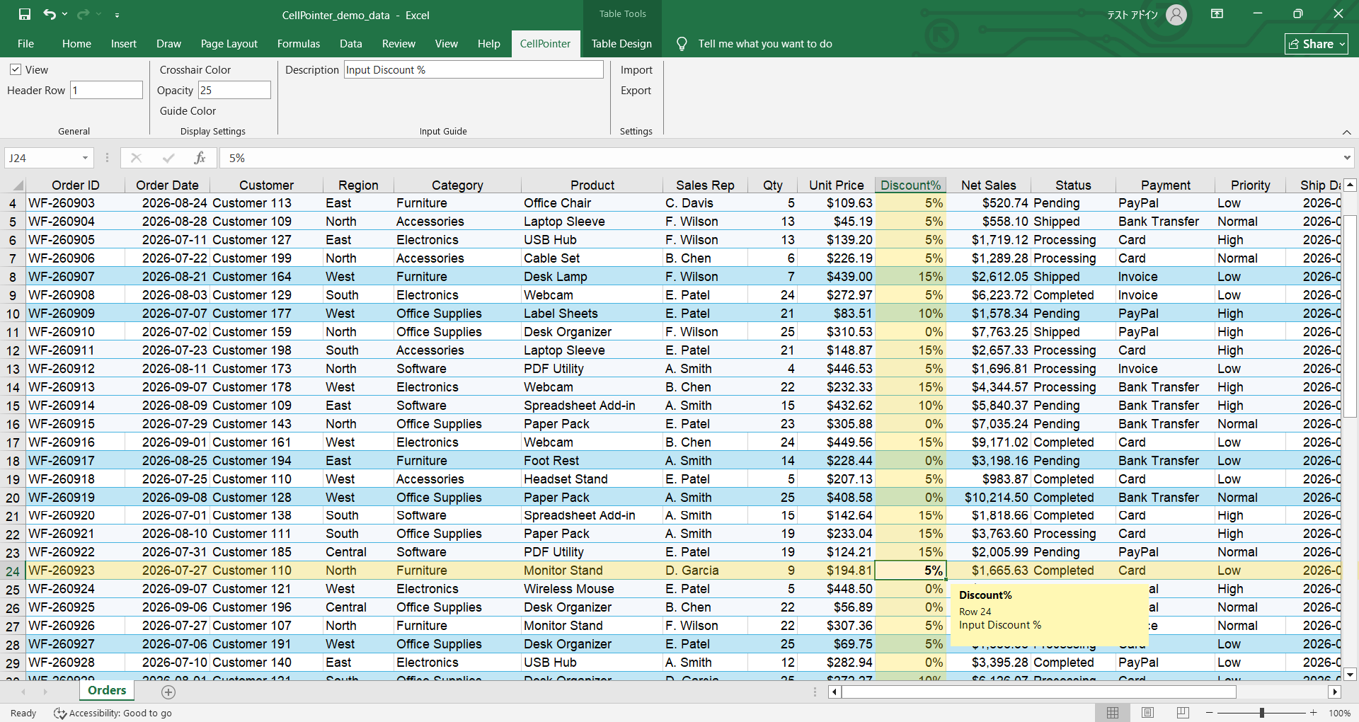 CellPointer highlighting the active row and column and showing field information in Microsoft Excel